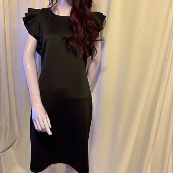 Tommy Hilfiger Scuba Crew Neck Flutter Ruffle Cap Sleeve Sheath Dress - Picture 5 of 9